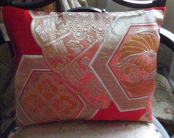Luxury Silk Cushion, Japanese Silk Obi Cushion, Gold and Silver Fan Design with Phoenix