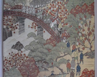 Lovely Japanese Obi Silk and Metallic Fabric Piece With a Procession of People in the Heian Era