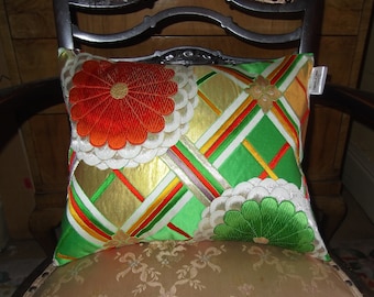 Luxury Silk Cushion, Japanese Silk Obi Fabric Cushion, Abstract Flowers