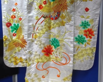 Stunning Vintage Japanese Silk Uchikake Kimono, Wedding Kimono with a Cranes, Plum Blossom and  Chrysanthemums