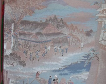 Lovely Japanese Obi Silk  Fabric Piece With People, Mountains, Tea house and Boat