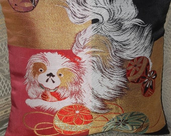 Beautiful, Luxury Japanese Obi Fabric Cushion Pekingese(1 of poss. 2)