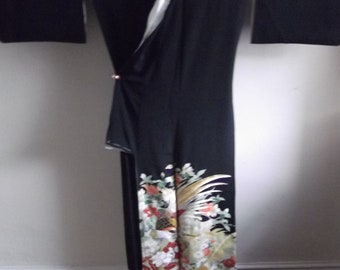 Stunning Vintage Japanese Silk Tomesode Kimono with Embroidered Birds and Flowers