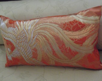 Luxury Silk Cushion, Japanese Silk Obi Cushion with Golden Phoenix Design