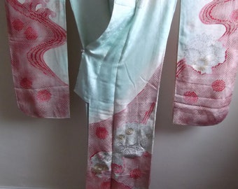 Lovely Vintage Japanese Silk Furisode Kimono, Hand Tailored, Pale Green
