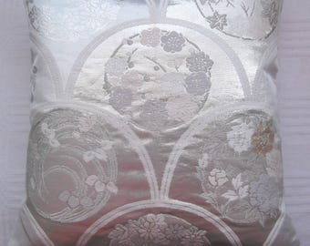 Luxury Silk Cushion, Japanese Silk Obi Cushion, Silver, Roundels with Flowers Design