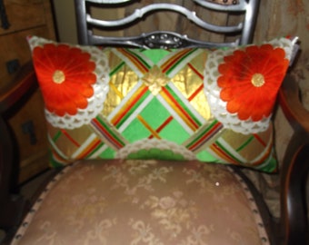 Luxury Silk Cushion, Japanese Silk Obi Fabric Cushion, Abstract Flowers