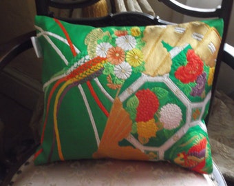 Luxury Silk Cushion, Japanese Silk Obi Cushion, Chrysanthemums and Phoenix Design