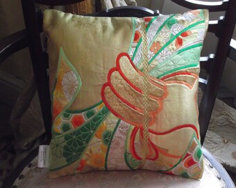 Luxury Silk Cushion, Japanese Silk Obi Cushion with Decorated Ribbon Design