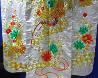 Stunning Vintage Japanese Silk Uchikake Kimono, Wedding Kimono with a Cranes, Plum Blossom and  Chrysanthemums