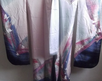 Designer Signed Lovely Vintage Japanese Silk Furisode Kimono with an Abstract Butterflies design.