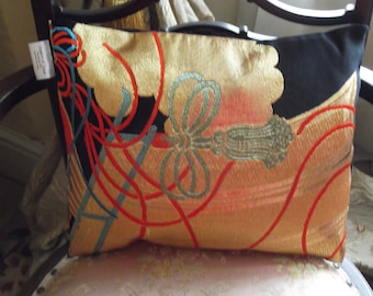 Luxury Silk Cushion, Japanese Silk Obi Cushion, Gold Cords and Tassel Design