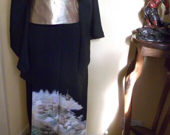 Vintage Japanese Silk Tomesode Kimono with Hand Painted Design of Castle and Temple landscape