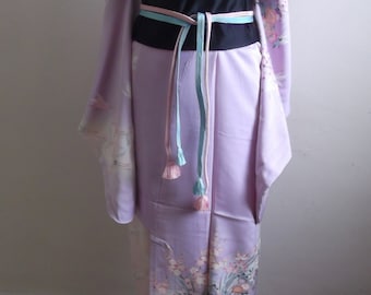 Lovely Vintage Japanese Silk Kimono with  Cranes and Flowers, Lilac