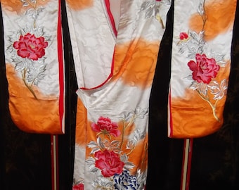 Stunning Vintage Japanese Silk OoFurisode, Wedding Kimono with Heavily Embroidered Peony design