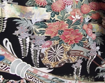 Lovely Vintage Japanese Silk Tomesode Kimono with Flowers, Ribbons and Traditional Patterns