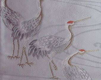 Cranes Wading, Lovely Japanese Obi Silk  Fabric Piece