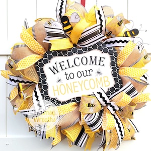 Honeycomb Bee Wreath: Burlap Welcome Wreath with Yellow & Black Ribbons