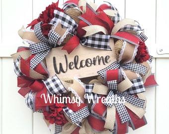 Buffalo Plaid Welcome Wreath: Burgundy Hydrangea Farmhouse Decor