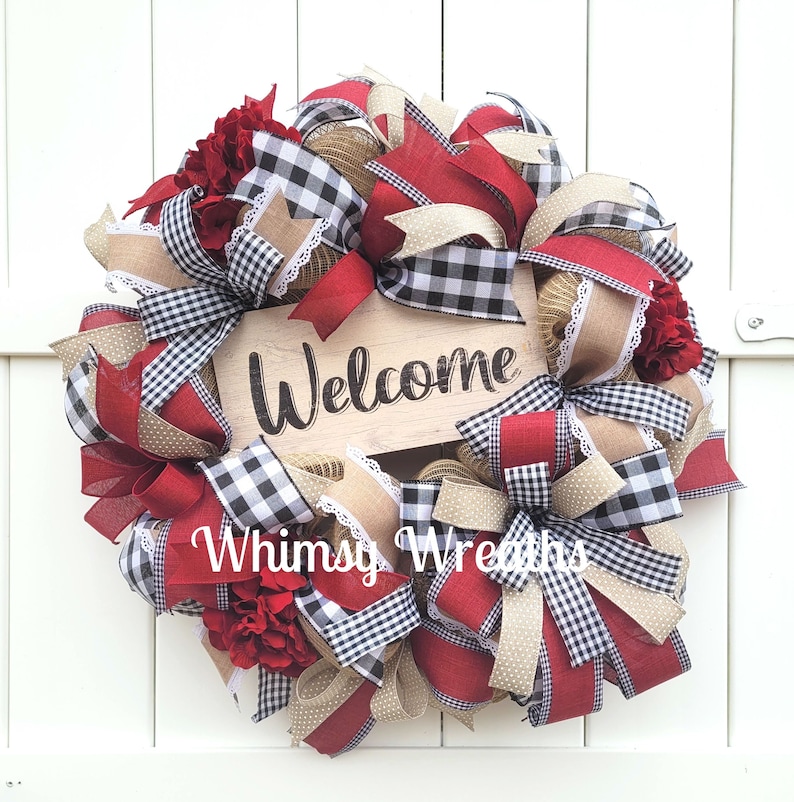 Welcome Wreath, Plaid Welcome Wreath, Buffalo Plaid Welcome Wreath, Burgundy Welcome Wreath, Buffalo Check Welcome Wreath, Farmhouse Wreath image 1