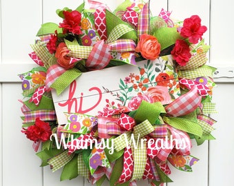 Welcome Wreath, Spring Wreath, Summer Wreath, Floral Wreath, All Occasion Wreath, Front Door Wreath, Pink Green Wreath,