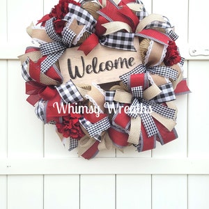 Welcome Wreath, Plaid Welcome Wreath, Buffalo Plaid Welcome Wreath, Burgundy Welcome Wreath, Buffalo Check Welcome Wreath, Farmhouse Wreath image 6