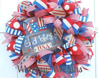 Patriotic Wreath for front door, 4th of July Wreath for door, God Bless USA Wreath, USA wreath, Memorial Day Wreath, Red White Blue Wreath