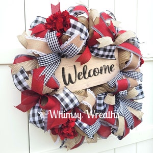 Welcome Wreath, Plaid Welcome Wreath, Buffalo Plaid Welcome Wreath, Burgundy Welcome Wreath, Buffalo Check Welcome Wreath, Farmhouse Wreath image 7