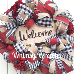 Welcome Wreath, Plaid Welcome Wreath, Buffalo Plaid Welcome Wreath, Burgundy Welcome Wreath, Buffalo Check Welcome Wreath, Farmhouse Wreath image 3