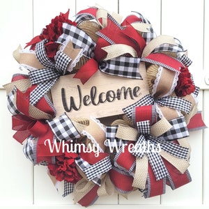 Welcome Wreath, Plaid Welcome Wreath, Buffalo Plaid Welcome Wreath, Burgundy Welcome Wreath, Buffalo Check Welcome Wreath, Farmhouse Wreath image 2