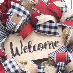 Welcome Wreath, Plaid Welcome Wreath, Buffalo Plaid Welcome Wreath, Burgundy Welcome Wreath, Buffalo Check Welcome Wreath, Farmhouse Wreath image 4