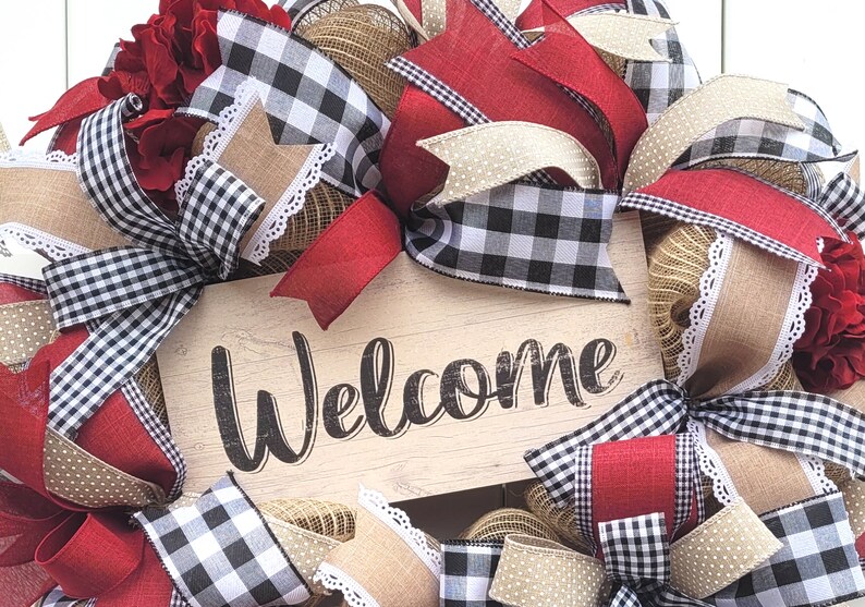 Welcome Wreath, Plaid Welcome Wreath, Buffalo Plaid Welcome Wreath, Burgundy Welcome Wreath, Buffalo Check Welcome Wreath, Farmhouse Wreath image 4