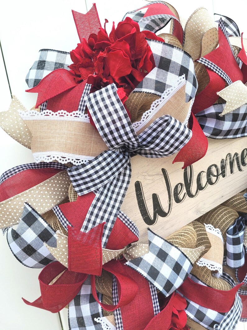 Welcome Wreath, Plaid Welcome Wreath, Buffalo Plaid Welcome Wreath, Burgundy Welcome Wreath, Buffalo Check Welcome Wreath, Farmhouse Wreath image 9