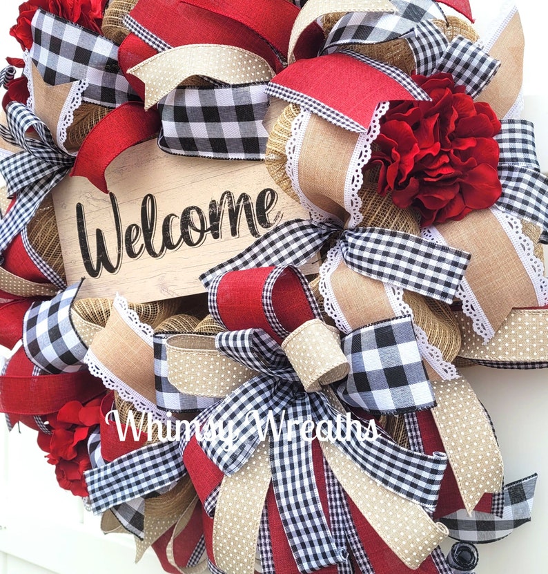 Welcome Wreath, Plaid Welcome Wreath, Buffalo Plaid Welcome Wreath, Burgundy Welcome Wreath, Buffalo Check Welcome Wreath, Farmhouse Wreath image 10