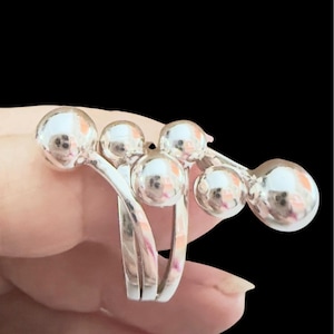 Handmade Sterling Silver Sculptural Ring Size8 elongated Open Triple Band Design with Polished Spheres Modern Artisan Statement Jewelry