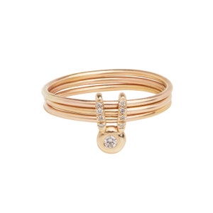 14k Yellow Gold Natural Brilliant Cut Diamond Lucky Rabbit Animal Three Band Ring