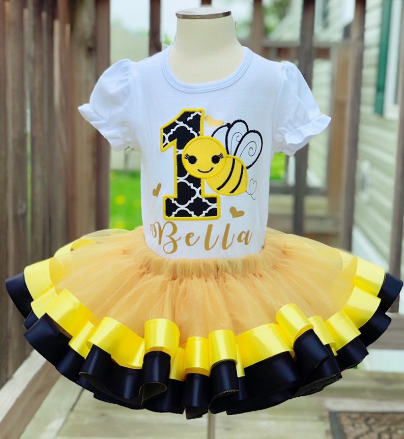 1st Birthday Bumblebee Embroidery Ribbon Tutu Combo