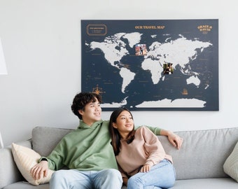 Home Decor, Travel Board, Detailed World Map, Canvas Wall Art, Personalized Travel Tracker, Housewarming Gift for Family, Couple