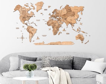 World Map Wall Art Living Room Decor, 5th Anniversary Gift, Travel Map, Weltkarte Holz, Housewarming Gift for First Home, Enjoy The Wood