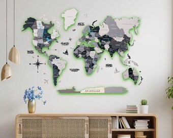 Carte du monde Nordik 3D, décoration d'intérieur avec rétroéclairage LED, oeuvre d'art murale de bureau - décoration murale LED, punaises de carte de voyage, cadeau de pendaison de crémaillère, EnjoyTheWood