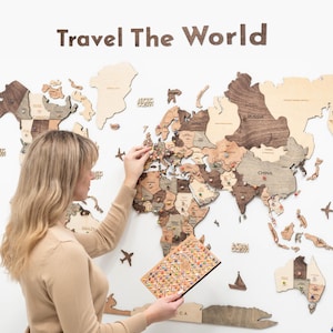 Carte du monde de voyage, décoration murale artistique au-dessus du lit, carte du monde en bois avec épingles, cadeau personnalisé pour la maison, cadeau de pendaison de crémaillère pour femme, cadeau d'anniversaire