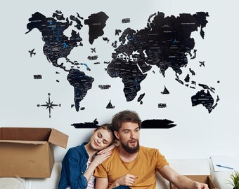 Carte du monde de minuit 2D, décoration unique pour la maison/bureau, cadeau de pendaison de crémaillère pour amis/jeunes mariés, oeuvre d'art de voyage, carte du monde avec épingles, EnjoyTheWood