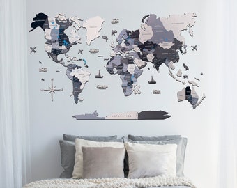 World Map with Push Pins, Travel Map Home Wall Decor, Wood Living Room Wall Art, Housewarming Gift for Apartment, Birthday Anniversary Gift