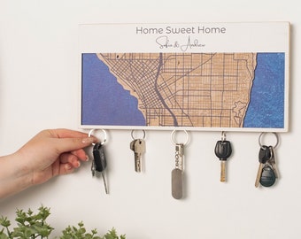Magnetic Key Holder For Wall, Custom Wooden Location Map, New Home Our First Home Housewarming Gift, Family Key Organizer, Wall Key Hook