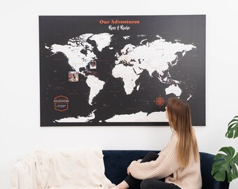 Personalized Push Pin Map to Track Your Adventures, World Map Wall Art, Canvas Panel Decor, Birthday Gift for Traveler, Gift for Girlfriend