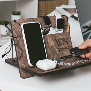 Personalized Gifts for Men, Custom Docking Station, Iphone Charging Dock, Wood Desk Organizer, 5th Anniversary Gift for Him, Husband