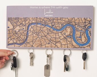 Wedding Gift for Couple | Entryway Organizer, Magnetic Wall Key Holder for Home, Personalized Locations Map, Custom City Map Key Holder