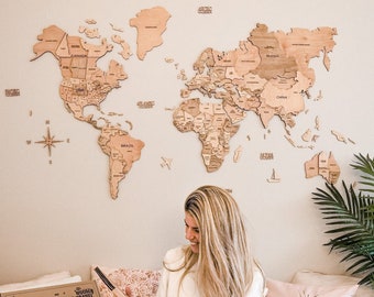 3D World Map for Wall, Travel Decor Wall Art, Light Wood World Map Push Pins, Housewarming Gift for Home