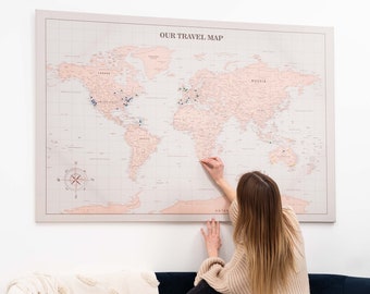 Vintage World Map Canvas, Wall Art Pin Board, High Detailed Map with 100 Pins, Kids Room Wall Decor, New Home Gift, Apartment warming Gift