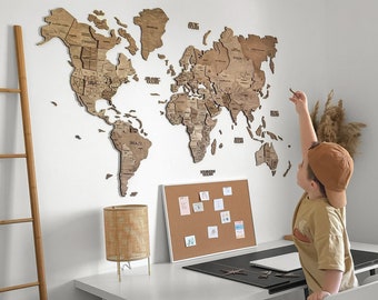 Kids Room Decor, Wood World Map Wall Art, Home Wall Decor for Office, New Homeowner Gift, Travel World Map Push Pin, Birthday Gift